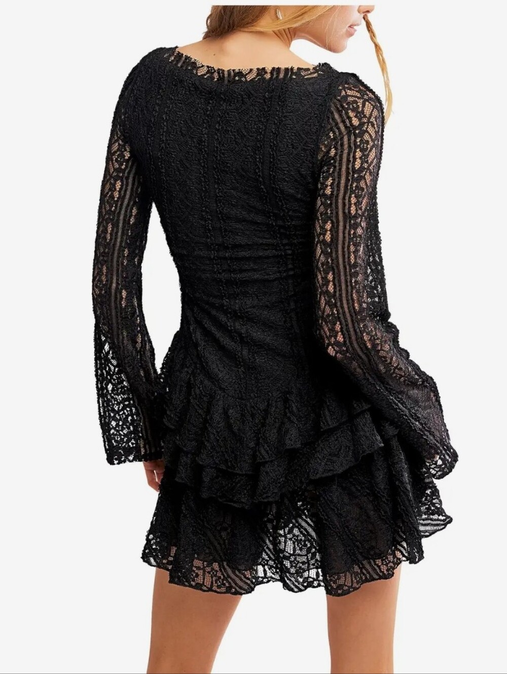Free People Black Lace Long Sleeve Ruffle Mini Dress - Picture 2 of 6